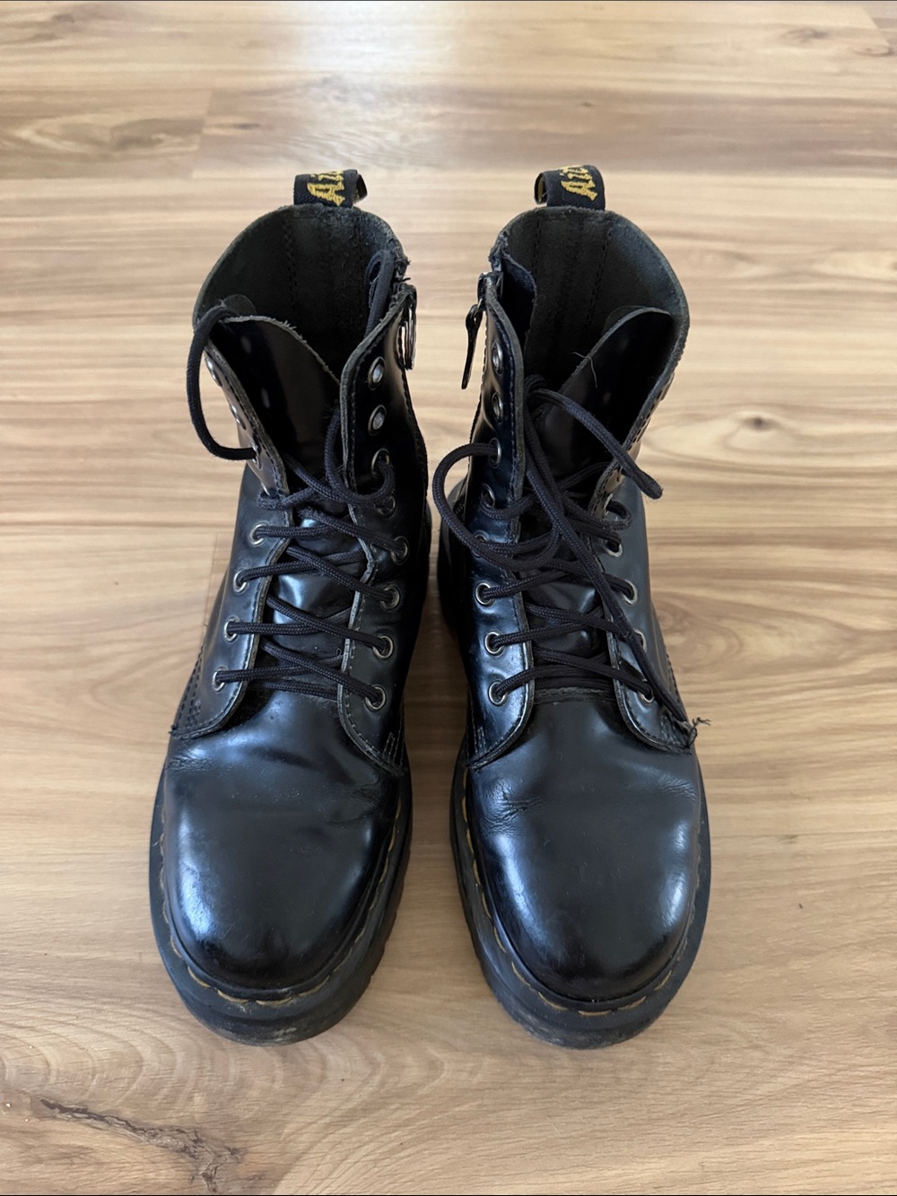 Dr. Martens Black Leather Lace-Up Ankle Boots with Yellow Heel Loop
